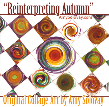 Reinterpreting Autumn, Original Collage Art by Amy Solovay. I made this artwork by collaging multiple small spin art spiral paintings into one piece.