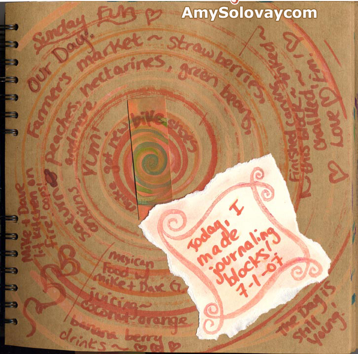 Artist's art journal page with painting including hand painted spin art, plus a hand stamped journaling block