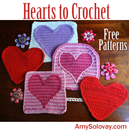 Find free patterns for hearts to crochet. This photo shows some, but not all, of the heart afghan squares and other heart designs you can learn how to make using free crochet patterns posted online.