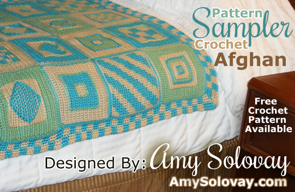 You can crochet a Pattern Sampler afghan that looks like this one, or customize your own afghan design using different crocheted squares, colors, motifs and an edging.