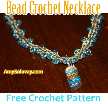 Handmade Jewelry Idea -- This Beaded Necklace Is Crocheted Using Gold Embroidery Floss and Embellished With a Handcrafted Dichroic Glass Pendant.