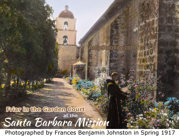 A Catholic Friar in the Garden Court at the Santa Barbara Mission. This Scene Was Photographed by Frances Benjamin Johnston in the Spring of 1917.