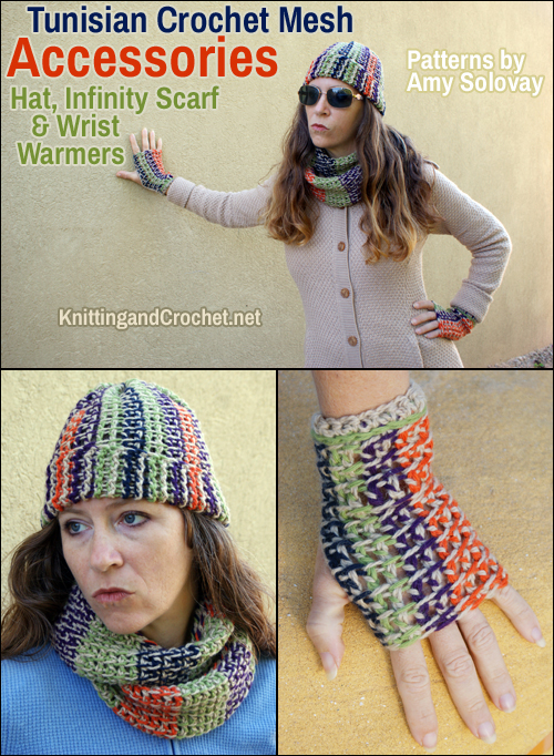 Tunisian Crochet Mesh Accessories: Hat, Fingerless Gloves and Cowl