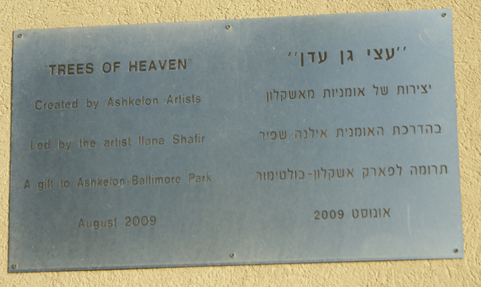 This Placard Accompanies the Trees of Heaven Mosaic Art Exhibit at Park Baltimore in Ashkelon, Israel