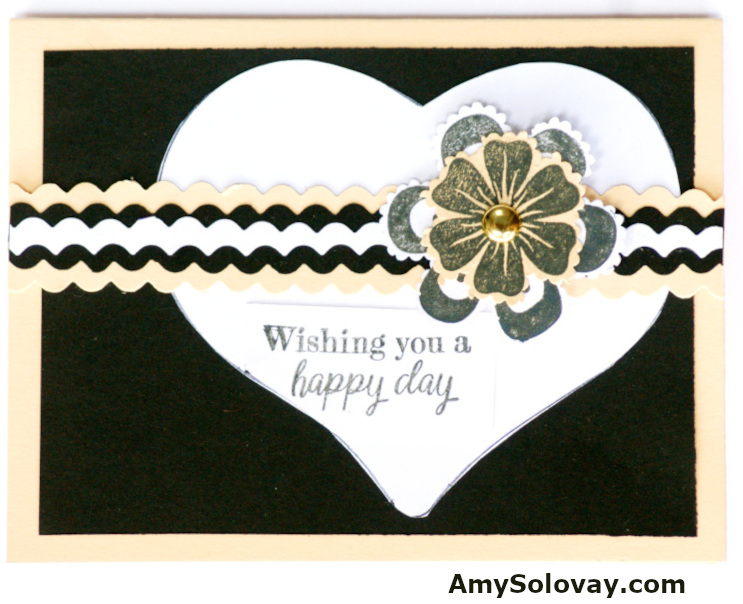 Bold Black and White Greeting Card With Warm Glow Accents Featuring Supplies by Gina K Designs -- This Greeting Card Features a Bold Heart Design and Stamped Floral Images by Gina K Designs