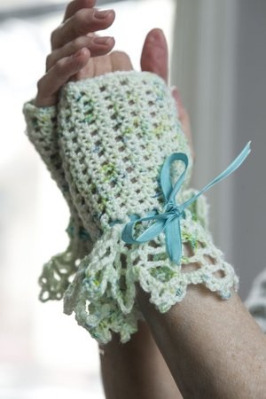 Lace Trimmed Crochet Fingerless Gloves Pattern Designed by Amy Solovay for Delicate Crochet by Sharon Hernes Silverman