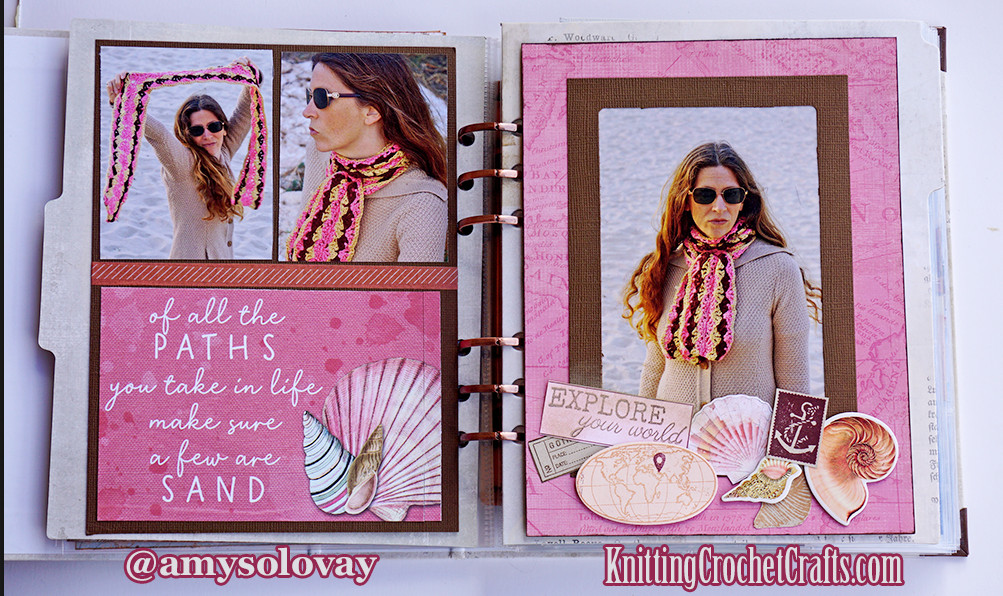 A Scrapbooking Layout by Amy Solovay: Pictured Here, Amy is at the beach wearing a shell stitch crocheted scarf. You can find the free crochet scarf pattern online at Amy's craft website.
