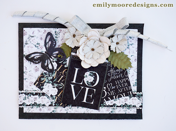 Black and White Wedding or Anniversary Card Featuring Patterned Papers From Graphic 45's PS I Love You Collection Plus Die Cut Tags Made Using Card Sentiment Dies by Emily Moore Designs
